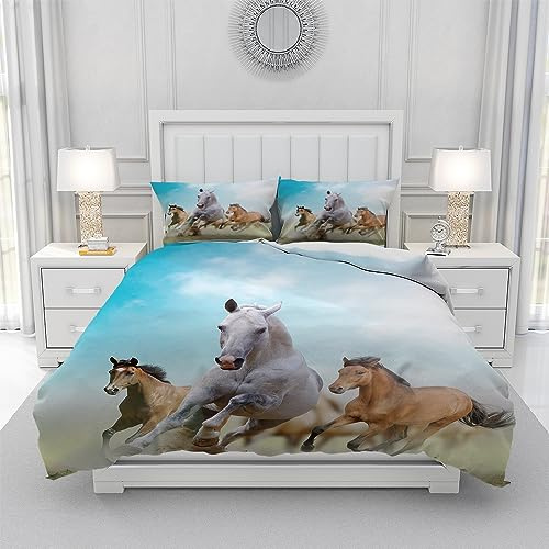 Leleyouzer Juego de ropa de cama con diseño de caballo 3D, 220 x 240 cm, diseño de caballo impreso, juego de 3, funda nórdica de microfibra para niños, decoración de habitación