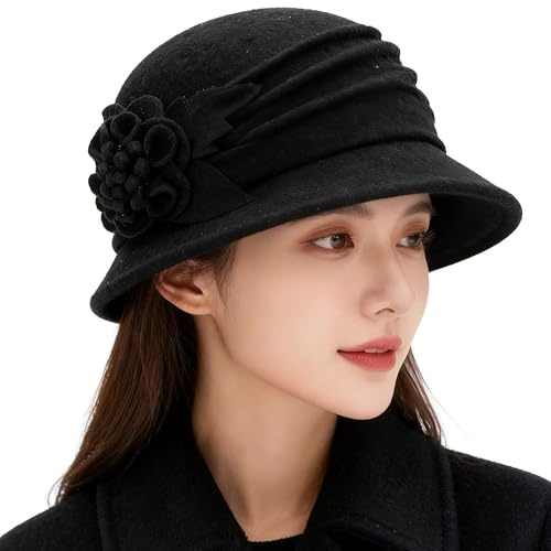 Mawjom 1920s Bowler Cloche Bucket Hat for Woman - Winter Warm Church Derby Fedora Hat with Bowknot, Wool-Black, M/L
