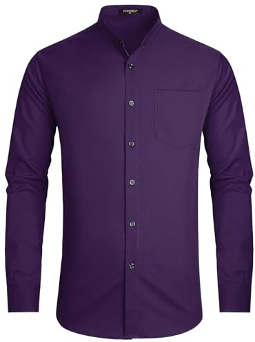 HISDERN Herrskjorta med grandad-krage, långärmad, casual, formell, klädskjorta för män, bröllpsskjorta utan krage, normal passform med ficka S-4XL, A-lila, M