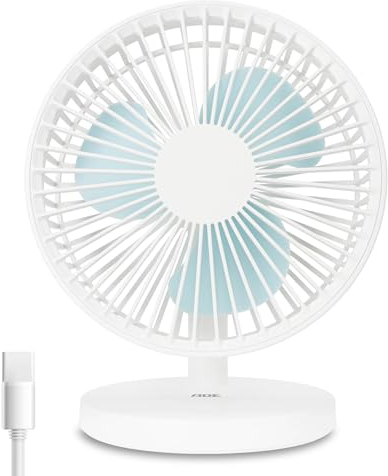 ADE Ventilateur silencieux | Ventilateur portable avec 3 vitesses | Petit ventilateur de table USB avec batterie de 2.000 mAh | Fan avec angle d'inclinaison de 90° | Léger et flexible | blanc