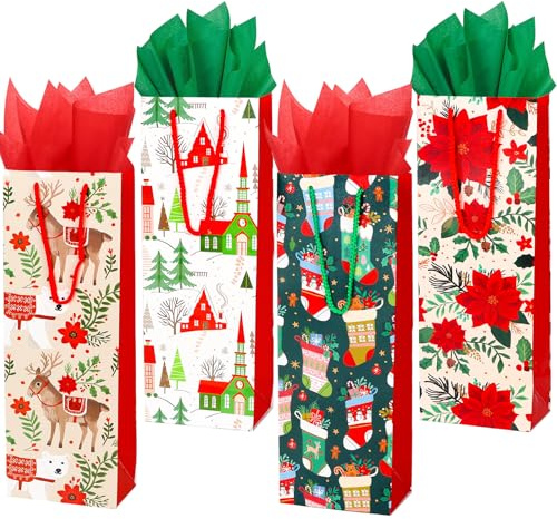 12 Pack Christmas Wine Gift Bag Wine Bottle Bag with Tissue Paper for Xmas Winter Holiday Party Supplies (Multicolor)