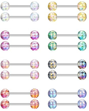 CASSIECA Lingua Piercing 12-18mm in Acciaio Chirurgico Ipoallergenico - Barretta Con Palla Perla Gioielli per Capezzolo e Lingua 14G 16Pcs