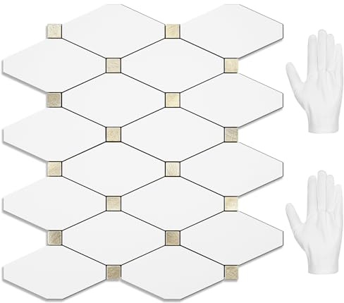 STICKGOO 10 Sheets Peel and Stick Backsplash, Pure White Marble Look PVC Mixed Metal Gold Kitchen Backsplash, Stick on Backsplash Wall Tiles for Kitchen, Bathroom, RV