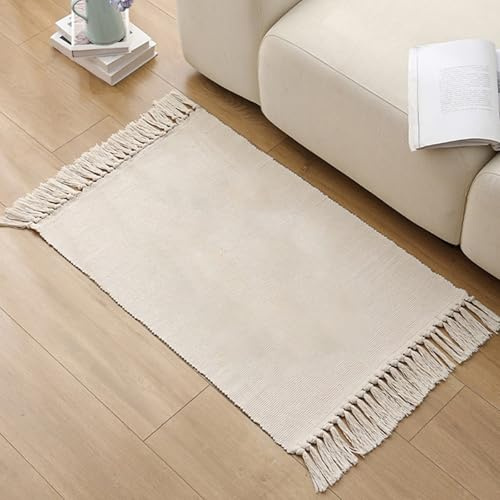 Tappeto Corridoio, Tappeto Salotto Tessuto a Mano con Frange, Lavatrice Tappeti in Cotone per Camera da Letto Soggiorno Cucina(60x130cm)