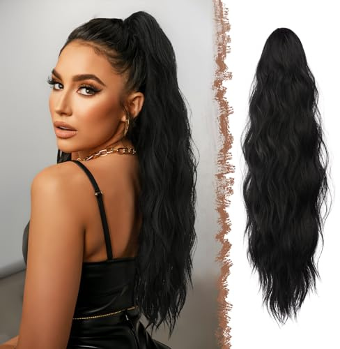 FESHFEN Nero Coda Capelli Extension Pinza - Lunga Ondulato Coda Finta Capelli Riccia Coda di Cavallo Estension Sintetici Posticcio Ponytail per Donne, 63 cm