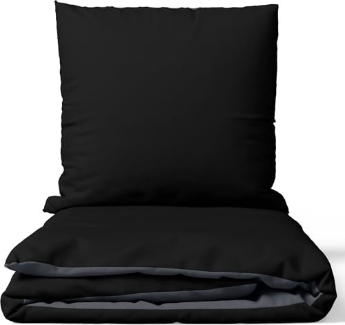 Leonado Vicenti Bettwäsche 2teilig Bettbezug - Bettwäsche-Sets 135x200 mit Kissenbezug 80x80 cm, ÖKO-TEX Baumwoll-Satin Schwarz für Einzelbett mit Reißverschluss
