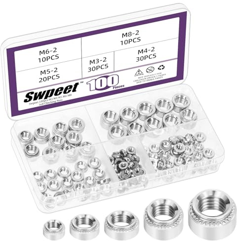 Swpeet 100 st 5 storlekar M3 M4 M5 M6 M8 silver 304 rostfritt stål knurled självknäppande mutter sortiment kit, metall nitmutterfästen för maskiner elektriska produkter