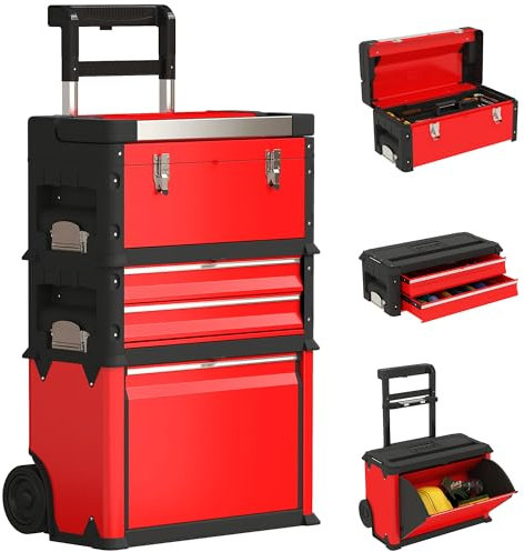 HOMCOM Lot de 3 boîtes à outils sur roulettes empilables et modulaires, servante d'atelier caisse à outil trolley en acier avec plateau, poignées et serrure, pour garage et entrepôt, rouge