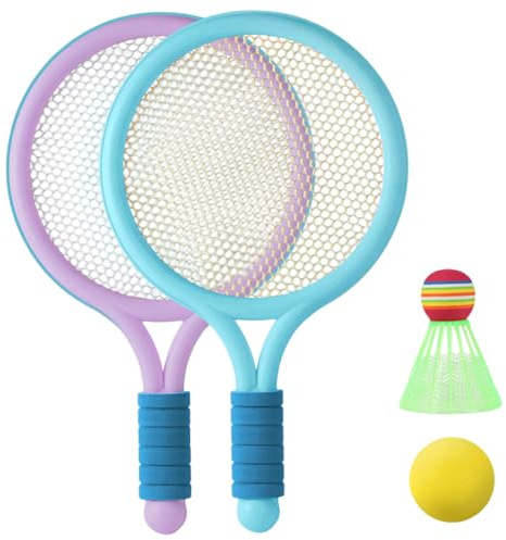 Pesoncarl Badmintonset för barn (4 st) interaktivt säkert roligt barnvänligt tennisracket för barn inkluderar 2 racketar, 2 olika bollar utomhussporter för barn