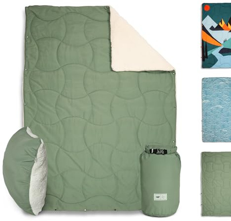 Campo Libre.® WANDA 4-i-1 campingfilt – multifunktionell resefilt, sovsäck, kudde och poncho, lätt termisk utomhus filt med mjuk sherpa-fleece, mossgrön