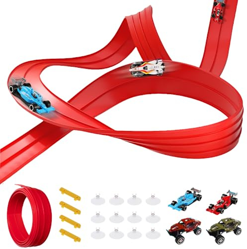 5m Car Track Set with 4 Toy Cars, Flexible Race Track for Kids, Portable Dual Lane Track with Ramps, Loops & Jumps, Compatible with 1:64 Scale Cars, Rolling Track Toy for Boys & Girls Ages 3+ (Red)