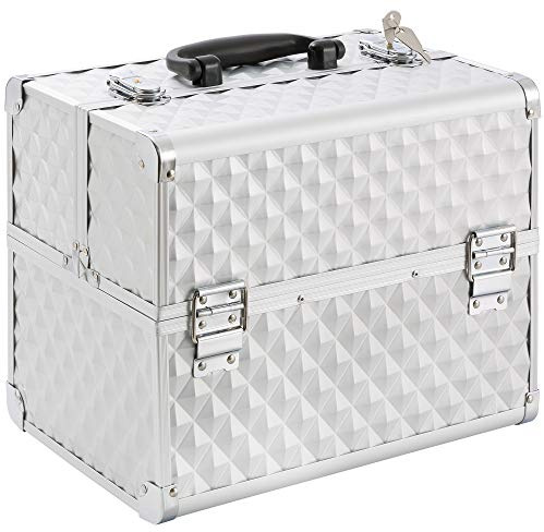 Arebos Maletín de cosméticos | 15L | 5 Compartimentos | Aluminio | Patrón de Diamantes | Incl. Cerradura y Llave | 2 estantes desplegables | Incrustación de Terciopelo | 32 x 27 x 22 cm | Plata