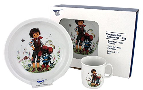 Triptis-Porzellan gestiefelte Kater Kindergedeck, 3 teilig Kindergeschirr, Weiß