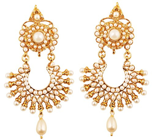 Touchstone I ricchi gioielli con borchie indiane di bollywood hanno ispirato orecchini da sposa jhumki dall'aspetto lungo e magico, tempestati di perle finte per donna Tono oro