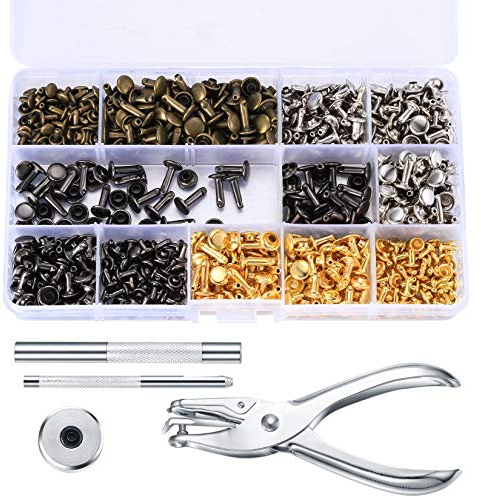 360PCS Leather Rivets, 3 Sizes Metal Double Cap Tubular Rivets, with Leather Hole Punch Pliers and Fixing Tool Kit, for DIY Leather Craft Repairs Decoration (Gold/Silver/Bronze/Black)