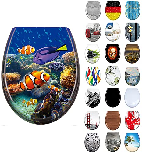 LARS360 Toilettendeckel WC Sitz mit Absenkautomatik, Toilettendeckel aus Antibakteriellem Duroplast, Antistatisch, Doppelte Absenkautomatik Für Meisten Klodeckel Hänge WC, 45 x 38cm (Unterwasserwelt)