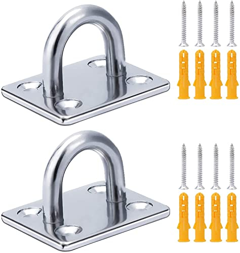 RosewineC 2pcs M6 Eye Plate Marine Hardware Staple Ring Hook Loop Stainless Steel Pad Eye Plate Hooks with 4 Set of Screws and Plastic Plugs for Wall Ceiling Hanging