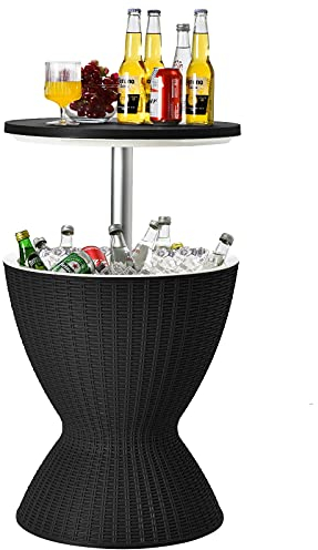 GOPLUS Cool Bar, 4 in 1 Cocktailtisch Beistelltisch höhenverstellbar mit 30L Eiskübel, Getränkekühler mit Deckel in Rattanoptik für Bier Champagner Wein, für Garten Terrasse Pool Partys (Schwarz)