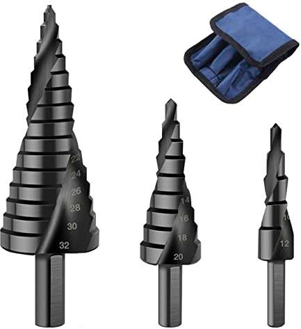 Spiral Grooved Step Drill Bit, M35 High-Speed Steel 4-20mm 4-32mm Cobalt-containing Spiral Pagoda Drill, Drill and Enlarge Hole for Wood Metal Stainless Steel (Cobalt Free Black 3pcs)