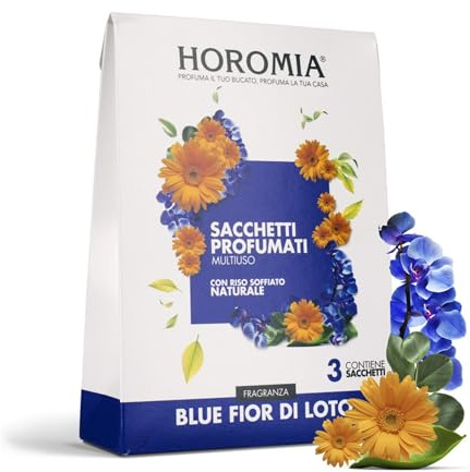 HOROMIA Sacchetti Profumati per Armadio Vestiti e Cassetti - Profumo Intenso e Duraturo fino a 12 Settimane - 3 Sacchetti Blue Fior di Loto