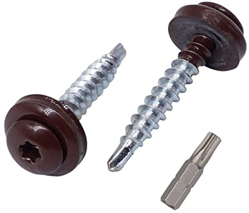 SKIR'CO Confezione da 25 viti per coperture in metallo, 4,8 x 35 mm verniciate autoperforanti con rondelle EPDM, vite Torx in lamiera (25, marrone cioccolato RAL 8017)