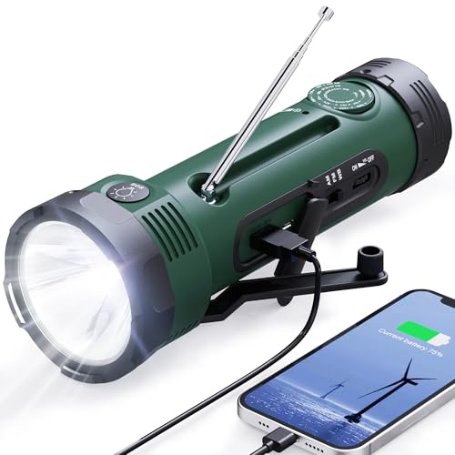 Hand Crank Flashlight, 3000mAh NOAA Weather Radio Flashlights with 3 Way Power Sources, Wind Up Flashlight Hand Crank Cell Phone Charger, Portable Radio AM/FM with Reading Lamp for Emergency/Outdoor