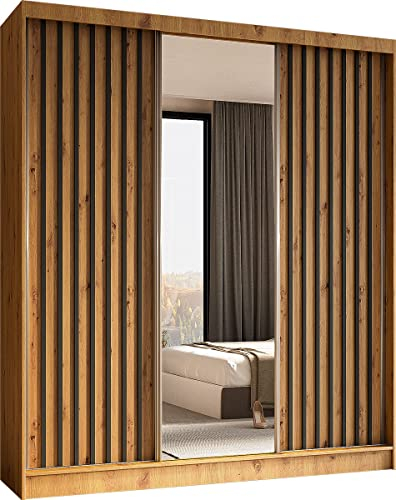 WFL GROUP Moderner Kleiderschrank Schwebetürenschrank mit Spiegel und Holzlamellen 120 150 160 180 240 cm - Kleiderschrank für Schlafzimmer mit Schwebetüren - Kleiderstange