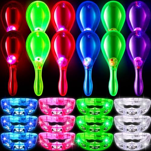 Libima 24 Pcs LED Light up Tambourine Tambourin and Mini Maracas Musical Adult Handheld Plastic Tambourine Bell LED Flashing Shaker Neon Mexican Decor Noisemaker for Easter Party Favor Birthday