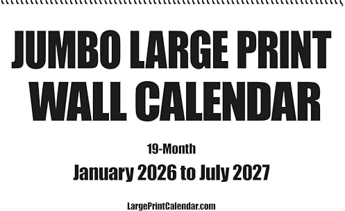 Jumbo väggkalender med stort tryck 19 månader, juni 2025 till december 2026 | tungt papper | 43 cm bred x 56 cm lång när den är öppen.