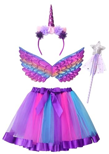 Clundoo Déguisement Princesse Licorne Fille Enfant, Jupe Tutu avec Ailes, Coiffe, Baguette de Fée pour Fête d'Anniversaire, Halloween, Carnaval (Violet)
