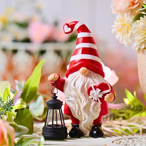 TERESA'S COLLECTIONS Valentines Decorations, Valentines Gonks Gifts, Cute Red Gonks with Solar Lanterns, Waterproof Resin Gnomie Gifts for Wedding Anniversary Party Decor Indoor Outdoor, 20CM