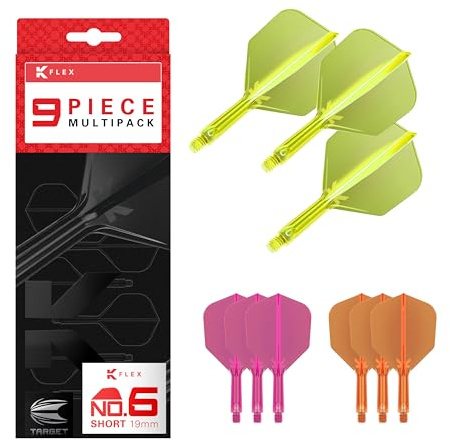 Target Darts K-Flex Integrated Dart Flights and Shafts, Short Stem (19mm), No.6 Flight, 9-pack Bundle, Neon Pink, Orange & Yellow | Kflex 2 In 1 Flight and Stem, Professional Darts Accessories