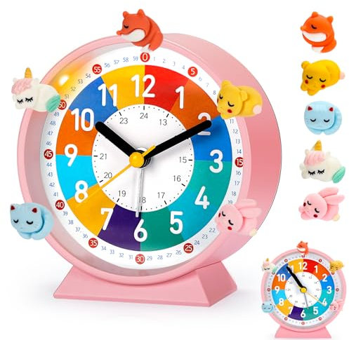 PIXESTT Despertador Infantil, Reloj Despertador Infantil para Principiantes En La Escuela, Sin Sonido Tic-TAC, con FuncióN De Luz Nocturna Y FuncióN De RepeticióN, con 5 Adornos De Despertador