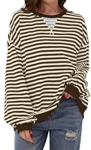 DUOEASE Sweat Femme Col Rond Décontracté, Pull Rayé à Manches Longues Top de Automne et Hiver Bandes(Brun-Blanc,XXL)