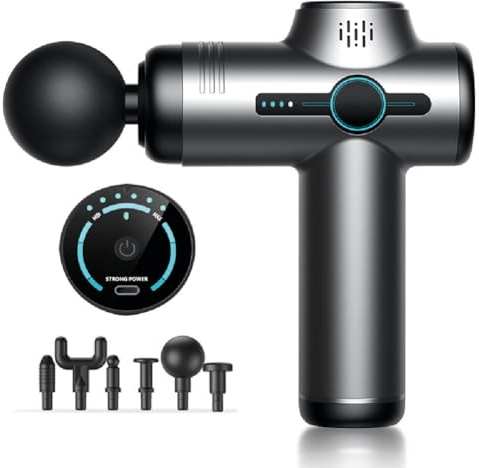 Ticlum Pistola de Masaje Muscular compuesta por 6 Cabezas, 6 Velocidades, Ultra Silenciosa (<40 dB), ligera (420g), portátil, batería de larga duración, para espalda, cuello y piernas