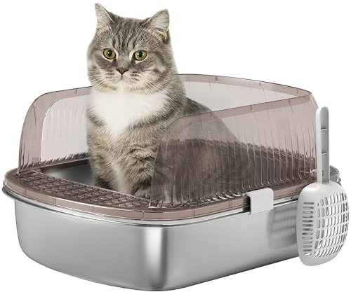 PawHut Arenero para Gatos Cubierto Extragrande Caja de Arena Cerrado con Bandeja de Acero Inoxidable Bordes Altos Pala y Zona para Caída de Arena sin Olor Fácil Limpieza Gris