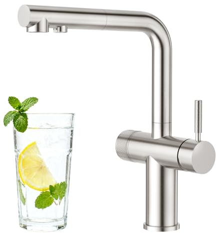 Faustina Rubinetto da cucina a 3 vie con doccetta estraibile, rubinetto a doppia leva per lavello, per impianto osmosi inversa e filtro dell'acqua, spazzolato