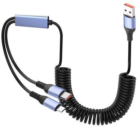 YACSEJAO 66W 2-in-1 Retractable Coiled USB Cable with Micro USB Type-C Connector for Phone,Laptop,Tablet,Multi-Charge Spring Cable 6A Fast Charging & Data Sync (USB A to Micro USB & Type-C)