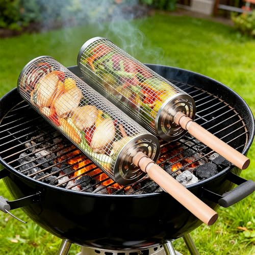 Juego de 2 Cilíndrica Parrilla Barbacoa Acero Inoxidable 304, Accesorios Barbacoa con Mango de Madera Extraíble, Utensilios bbq para Asar Verduras, Carne, Parrilla Cesta para Gas, Carbón Barbacoas