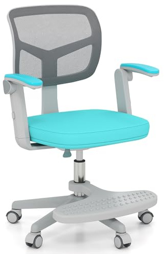 COSTWAY Kids Computer Desk Chair, Ergonomic Children Task Study Chairs with Lumbar Support, Adjustable and Swivel Mesh Chair for School Home Office (with Footrest, Turquoise, 57 x 55 x 80-91cm)