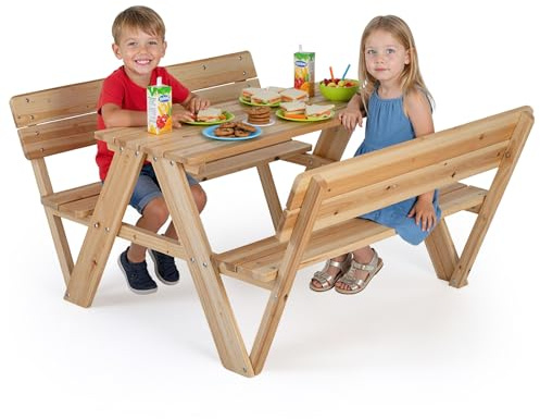DREAMADE Table de Pique-Nique Enfants, Table Extérieure en Bois avec Bancs Intégrés et Dossiers pour 4, Ensemble Multi-activités Table et Chaises pour Patio, Jardin, Arrière-Cour, 3+ Ans