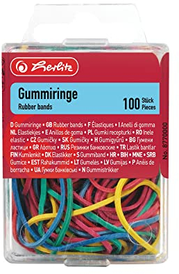 Herlitz Gummiring 20-70 mm Durchmesser, 100-er in Hängebox, farbig sortiert (1, Gummiring 20-70 mm | 100-er Box)
