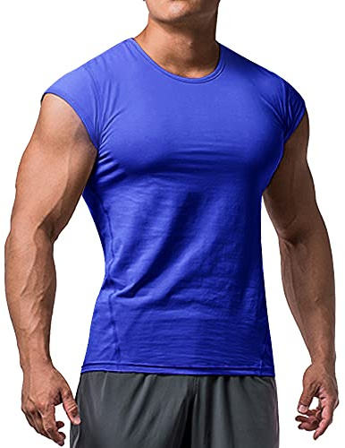 Hommes Athlétique T-Shirts Tees Court Manche Muscle Couper pour La Musculation Faire des Exercices Entraînement Aptitude Hauts Équipage Cou Coton,Bleu,L: poitrine 37.8po-39.8po