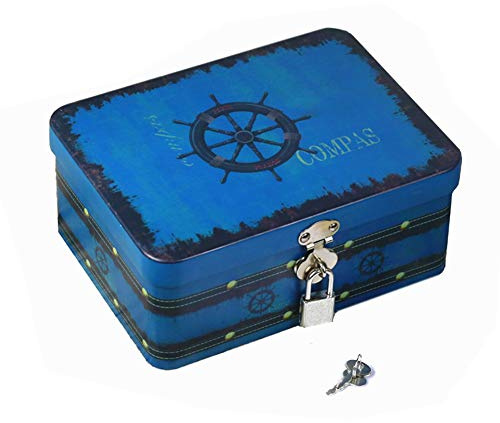 dream_light Retro Style Rectangle Tinplate Storage Box with Padlock, Home Kitchen Desktop Storage Tin Canister, Chocolate Candy Tea Coffee Cosmetics Jewelry Photos Gift Case (Rudder)