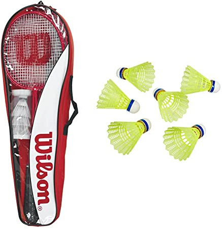 Wilson Badminton-Set, Tour, Unisex, Inkl. 4 Schläger, 3 Federbällen, 1 Netz, 2 Teleskopstangen, WRT8444003 & Badminton-Ball, Championship Shuttlecocks, 6-er Dose, 78 Grains, Gelb, WRT6044YE78