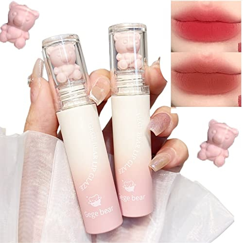 2Pcs Pink Bear Lip Glaze Matte Liquid Lipstick Cute Bear Velvet Lipgloss Moisturizing Lip Stain Waterproof Long Lasting Nude Brown Red Lip Mud Cheek
