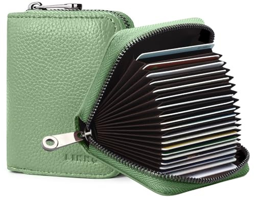 Goopai RFID 20 Card Slots Credit Card Holder Genuine Leather Accordion Card Case Small Wallet for Women or Men with Zipper (Light Green)