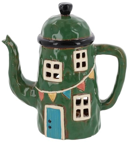 Shudehill Giftware Village Pottery Ceramic Tealight Holder Teapot House - Green or Blue (Green)