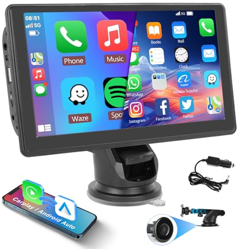 Hodozzy Schermo Carplay Auto Portatile 7 Pollici Touch Screen Carplay Wireless e Android Auto Display Auto Lettore con Bluetooth, Airplay, FM EQ/AUX/TF/USB, Autoradio Portatile Navigatore con Schermo