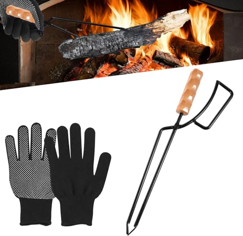 PRITOK Pinzas para chimenea, para cargas pesadas, 46 cm, universales, largas, accesorios para chimenea, antiescaldaduras, pinzas para carbón con mango de madera, pinzas para madera de chimenea con par